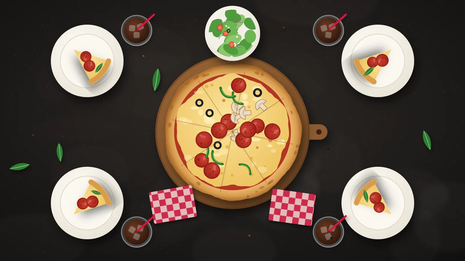 Illustration of a family table set with a large pizza, four plates with slices, drinks, a salad and checkered napkins