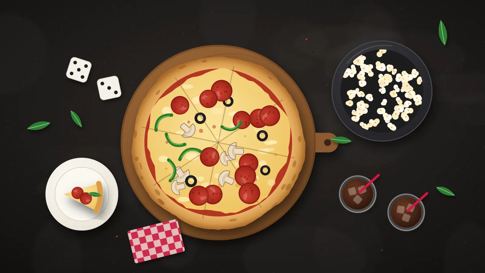 Illustration of a pizza on a board with a bowl of popcorn, two drinks, dice and a plate with a slice