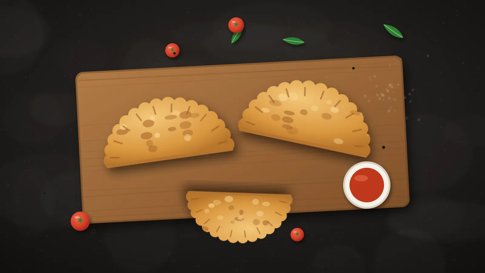 Illustration of three golden half-moon panzerotti with crimped edges on a wooden board with a cup of tomato sauce