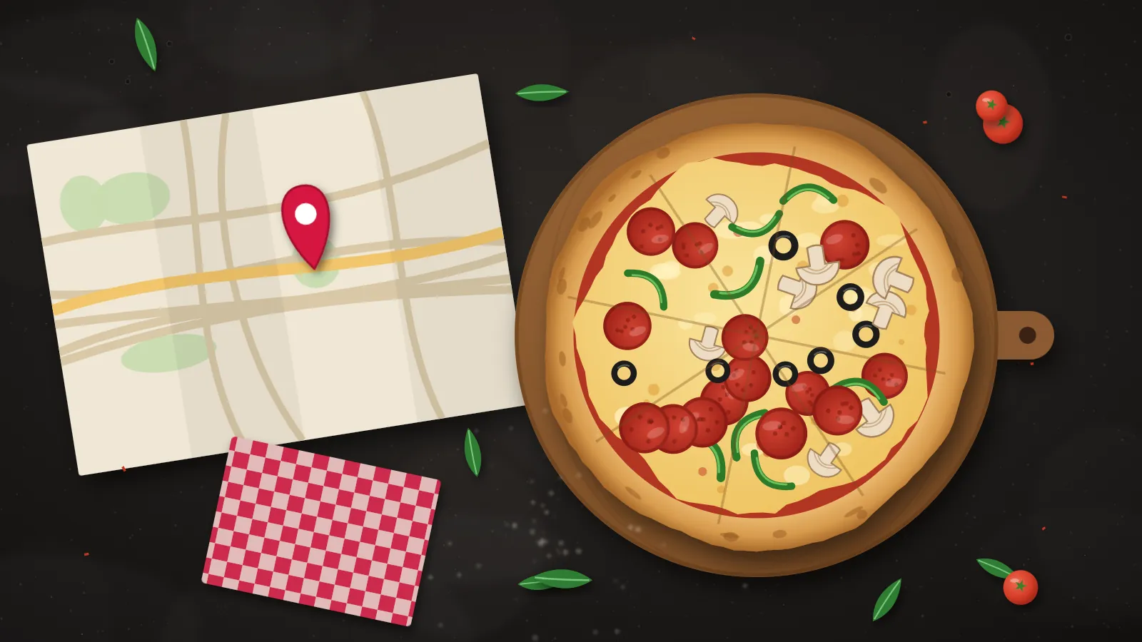 Illustration of a pepperoni, mushroom and green pepper pizza on a wooden board beside a town map with a red location pin