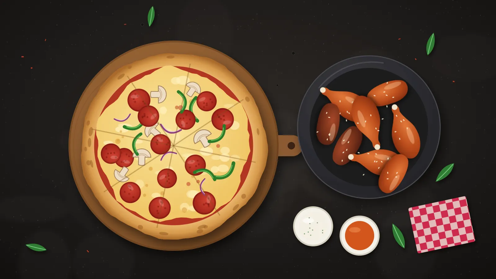Illustration of a pepperoni pizza on a board next to a bowl of glazed chicken wings and two dipping sauces