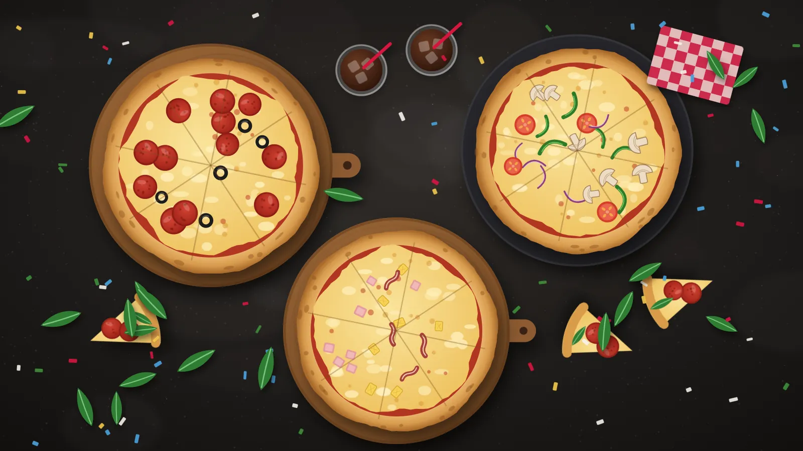 Illustration of three different pizzas, loose slices, drinks and colourful confetti on a party table