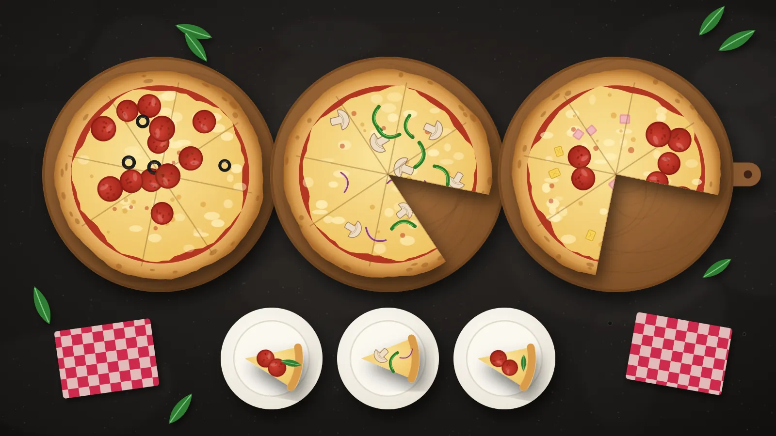 Illustration of three pizzas on wooden boards with slices taken out and served on plates