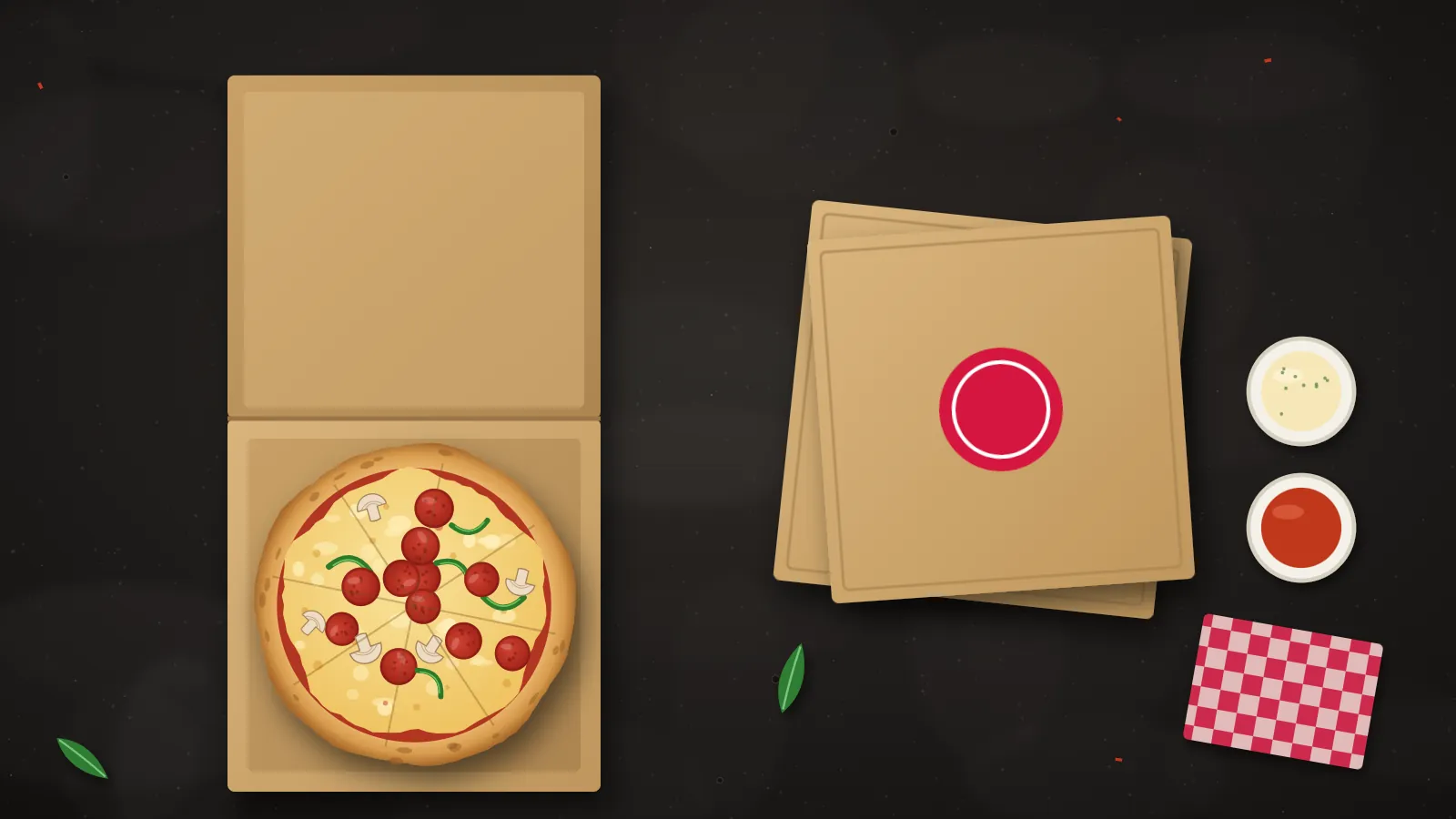 Illustration of an open pizza box with a pepperoni pizza, closed boxes stacked beside it, and two dipping sauces