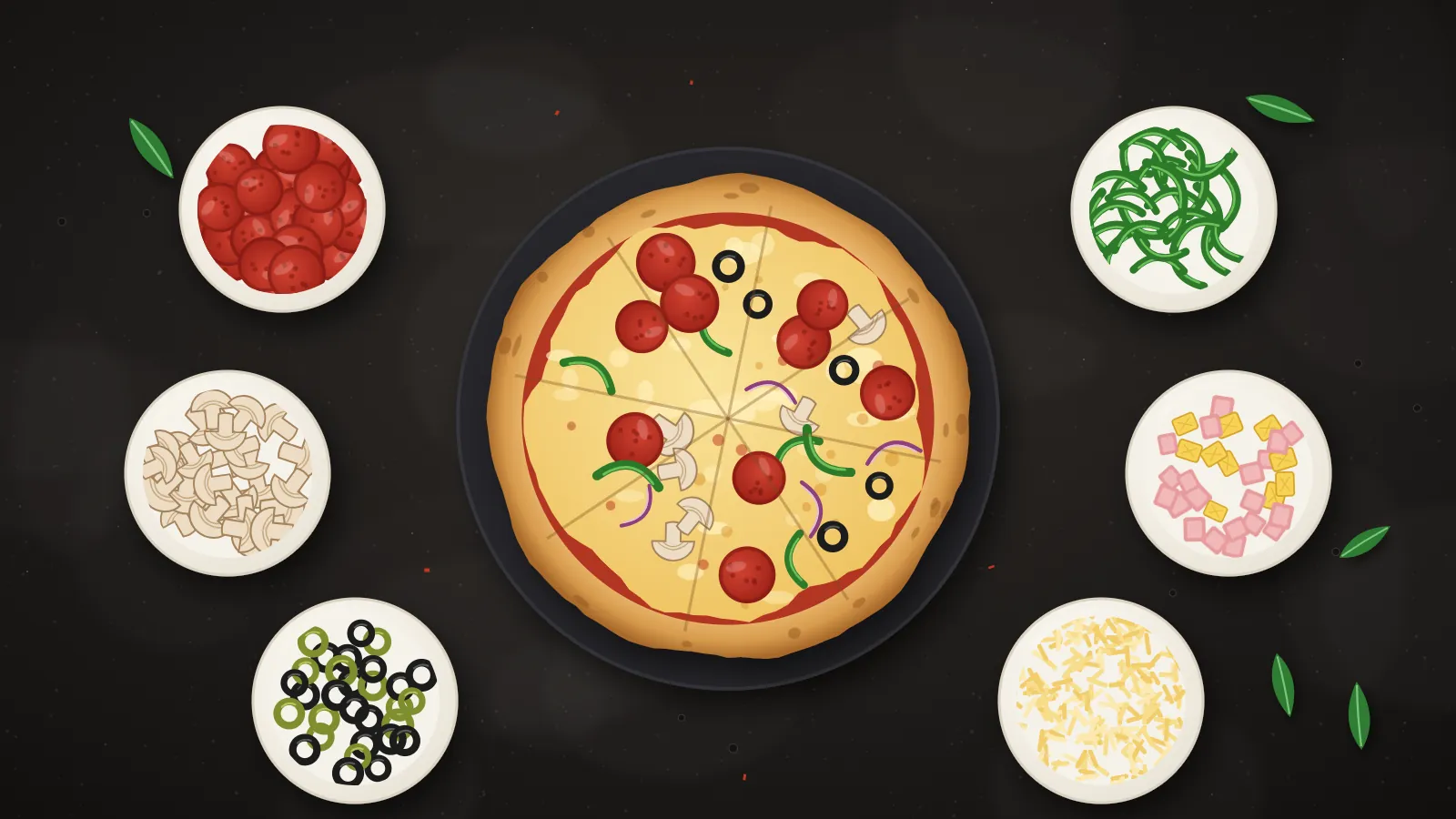 Illustration of a pizza surrounded by bowls of pepperoni, mushrooms, olives, green peppers, ham and pineapple, and shredded cheese