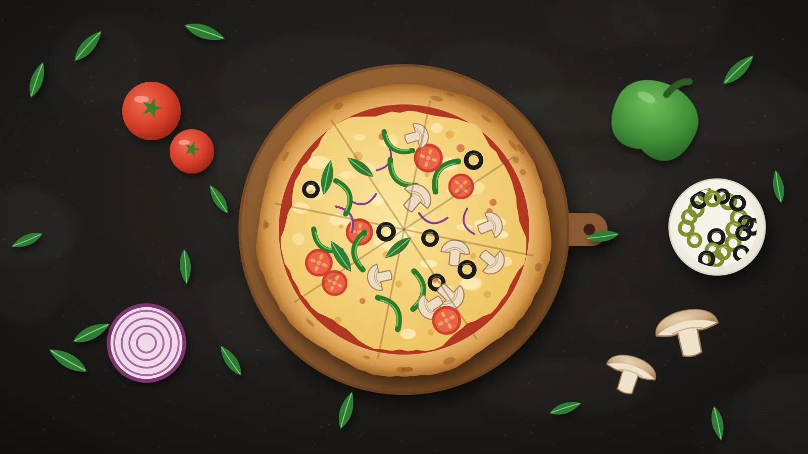 Illustration of a vegetable pizza with mushrooms, peppers, olives, tomatoes and onions surrounded by fresh vegetables