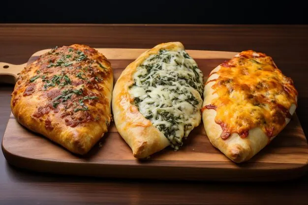 Three golden panzerotti on a wooden board
