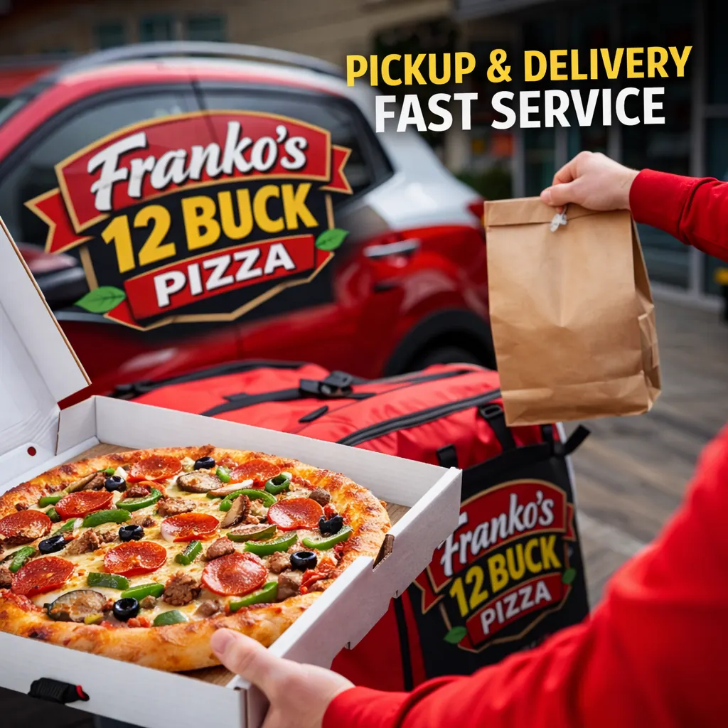 Pizza being handed over in a Franko's 12 Buck Pizza box
