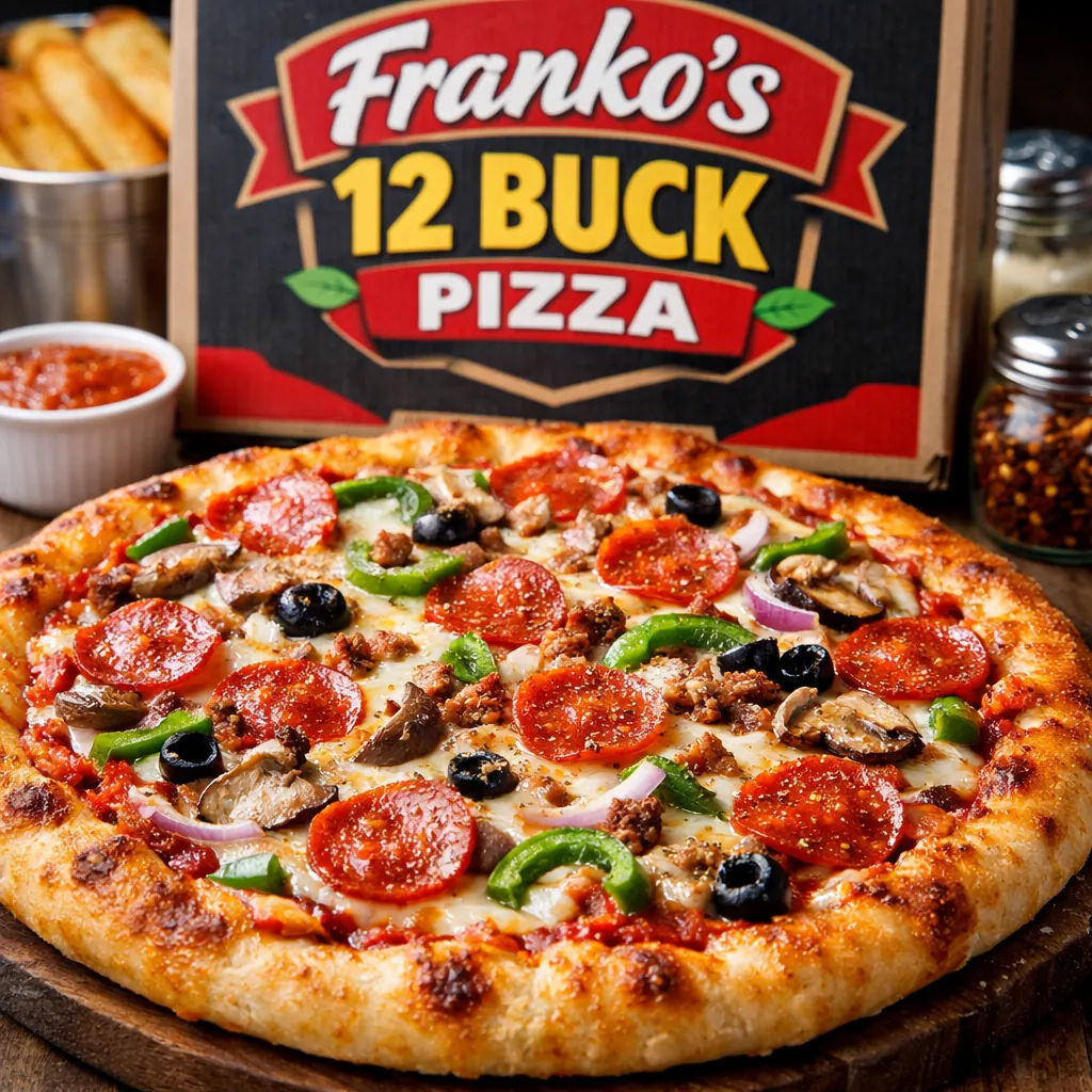 Pepperoni pizza with mushrooms, green peppers and olives in front of a Franko's 12 Buck Pizza box