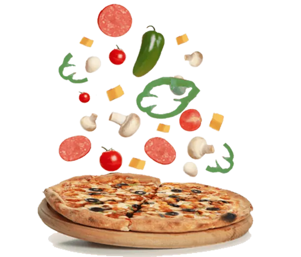 Pizza with fresh toppings including pepperoni, mushrooms, peppers and tomatoes