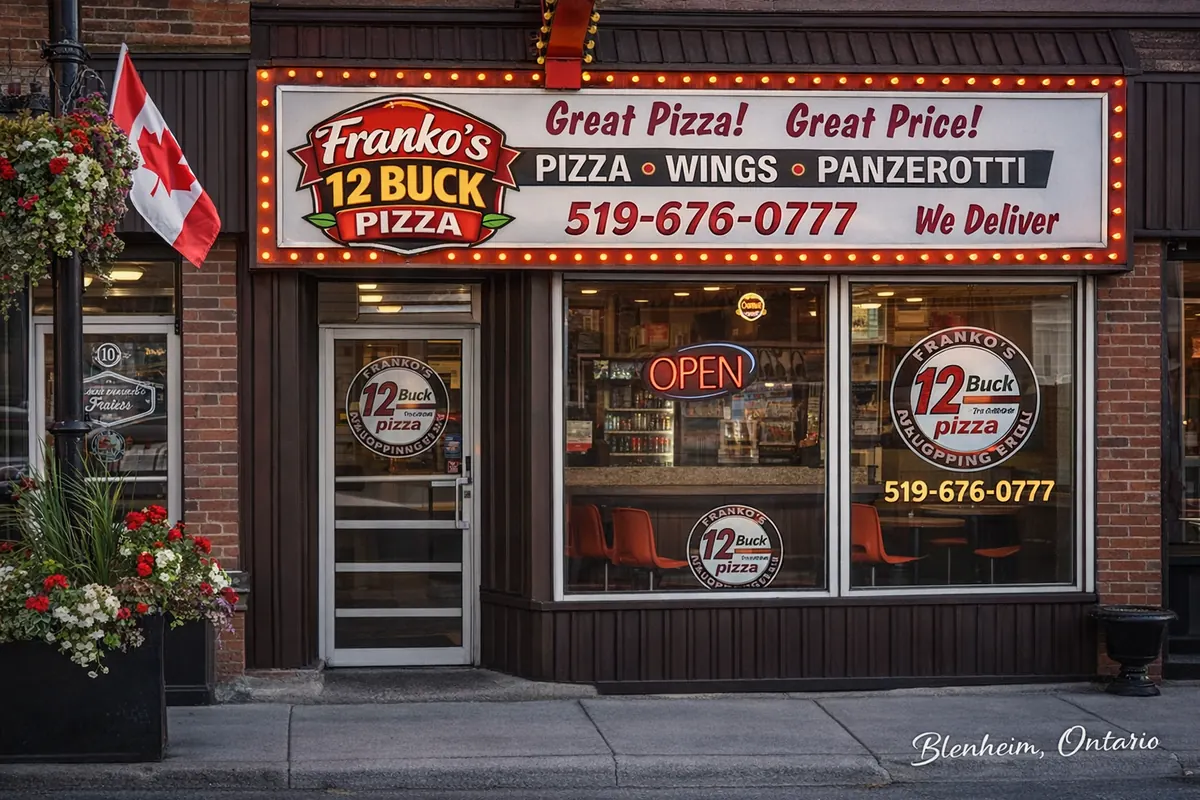 Franko's 12 Buck Pizza shopfront with a red sign reading Great Pizza! Great Price!